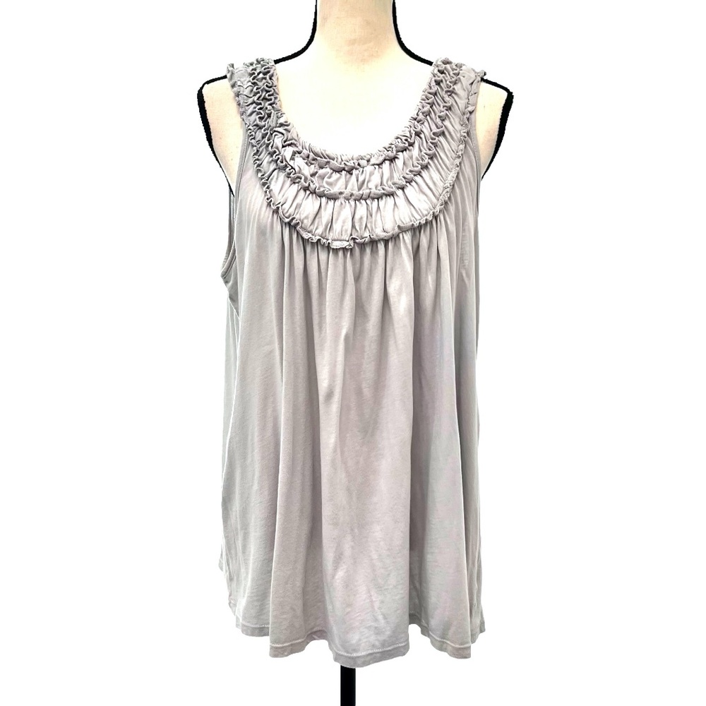 ANTHROPOLOGIE TEE PARTY LIGHT GRAY RUFFLED ELASTIC NECK LOOSE FIT TANK TOP